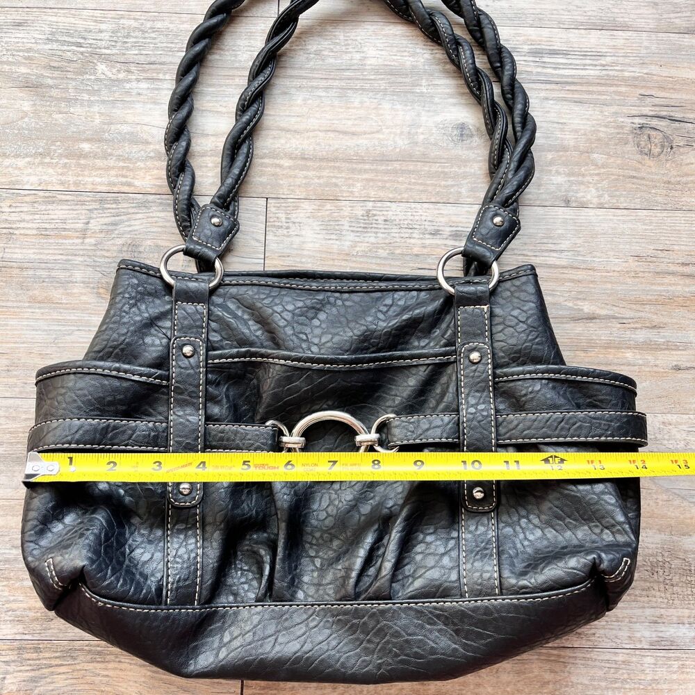 Y2K Black Faux Leather Shoulder Bag Braided Strap Silver Hardware Purse Grunge - Picture 8 of 11
